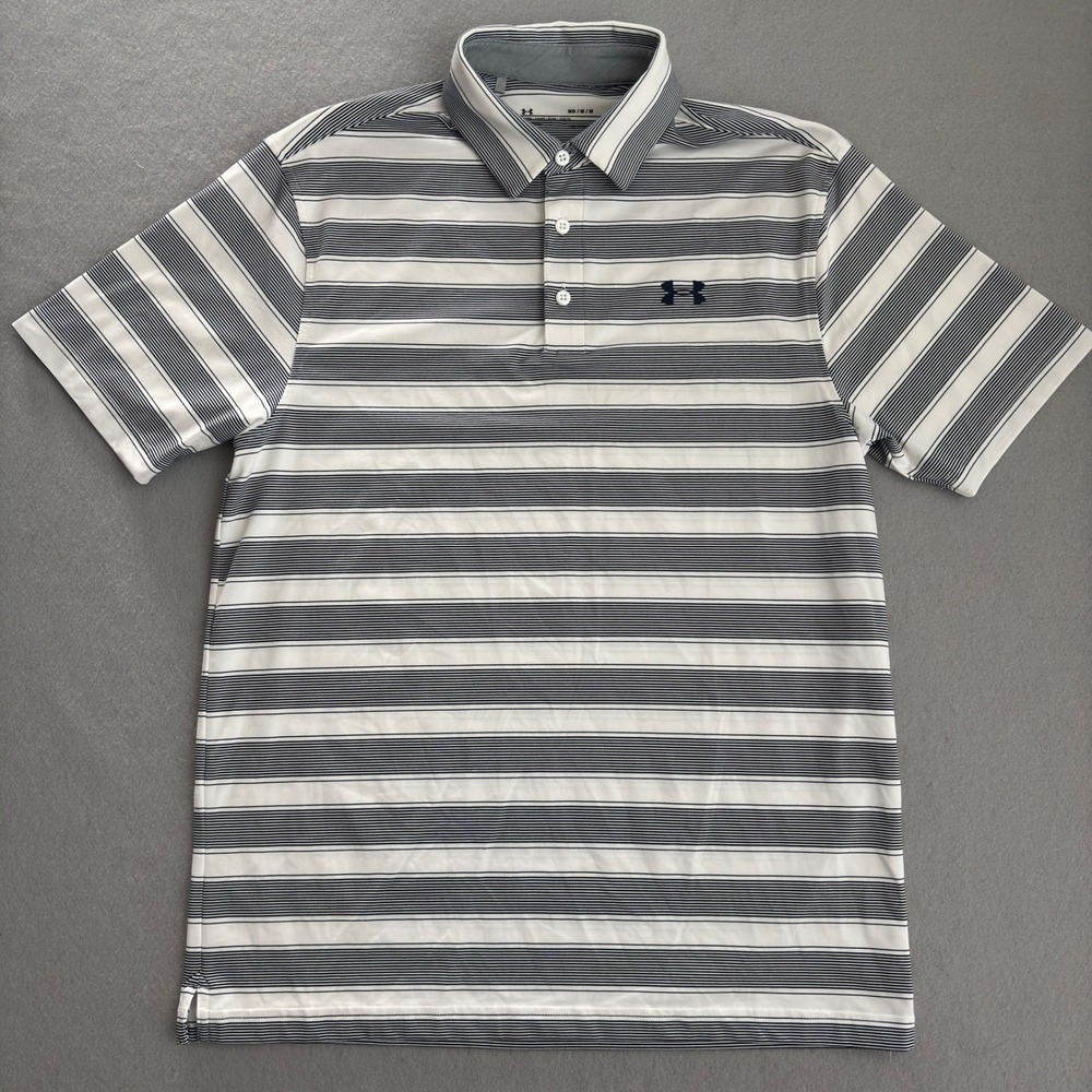 Under Armour Mens HeatGear Striped Polo Shirt White Navy Blue Loose Fit Medium